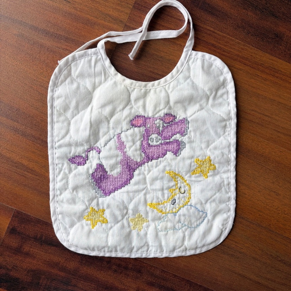 Baby Ware Janlynn‎ Quilted Bib Purple Cow Moon Stars Cross Stitch Tie